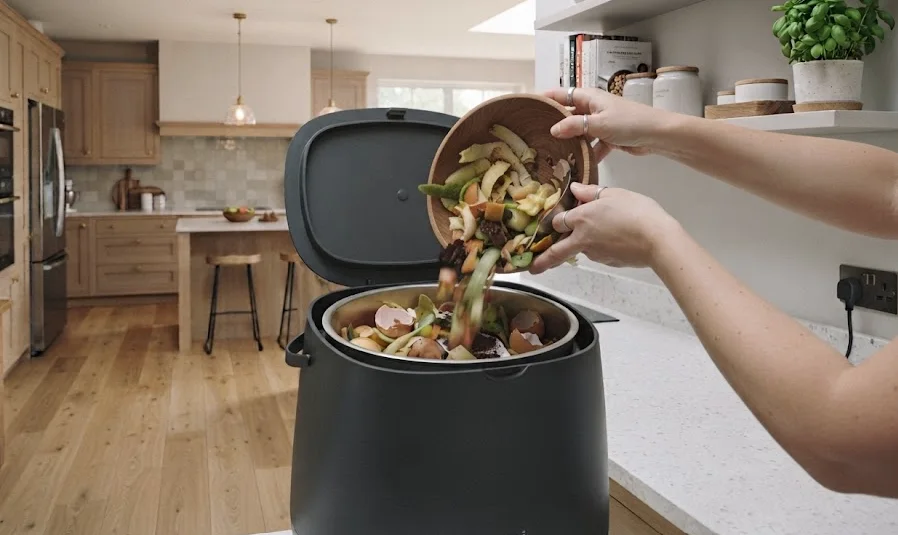 Épluchures déposées dans la cuve d'un composteur électrique